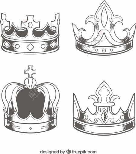 四个写实素描风格矢量皇冠图标