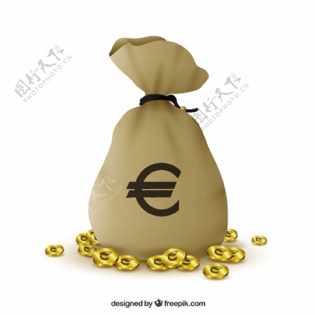 欧元符号钱袋金币白色背景