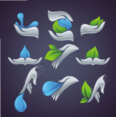 绿叶手和水滴图标