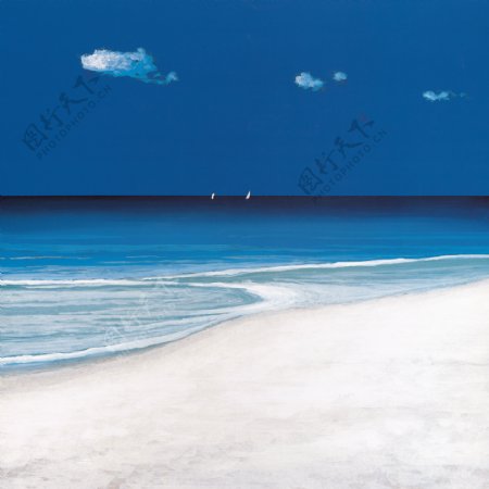 蓝天海滩风景油画图片