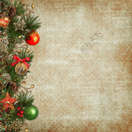 圣诞枝条和圣诞彩球背景素材图片