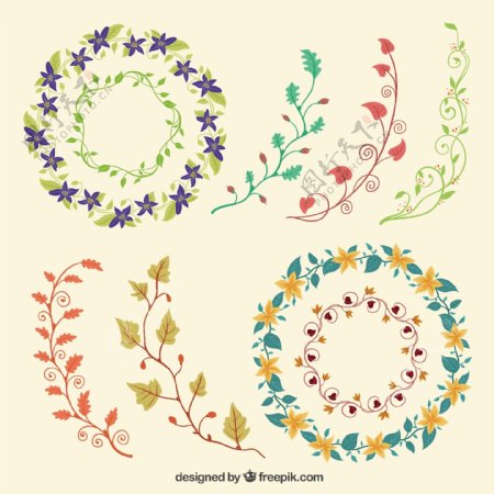 手工绘制的花卉装饰与树叶