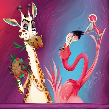 长颈鹿和火烈鸟的彩色插图