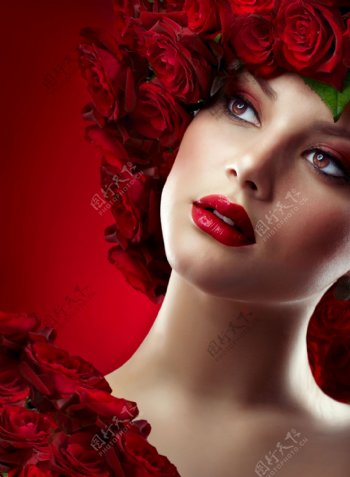 玫瑰花与红唇美女图片