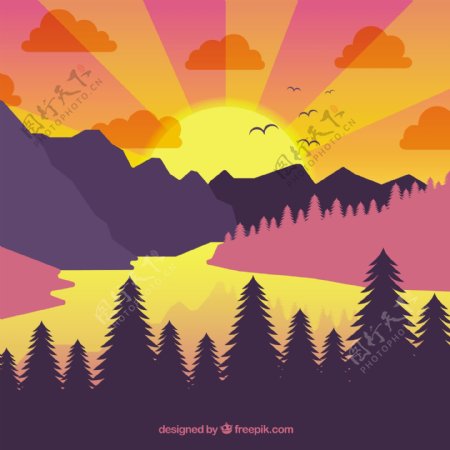 日落时分的森林背景和山脉