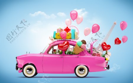 粉色汽车里的气球图片