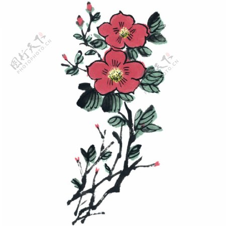 红色水墨画中国风花朵