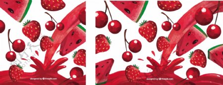 果汁背景与西瓜樱桃和草莓水彩画风格