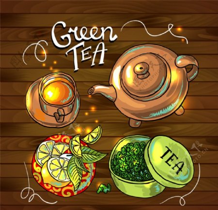 彩绘美味绿茶插画矢量素材