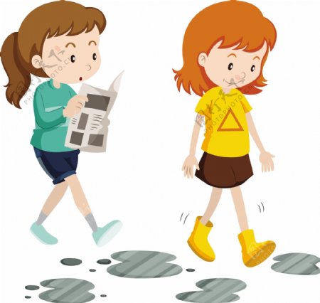 两个在路上走路的小女孩插画