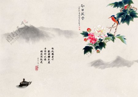 中国风芙蓉花山水花鸟画写意风景背景墙