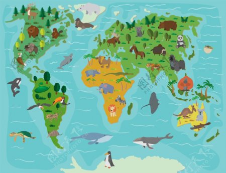 各种陆地和海洋野生动物世界地图
