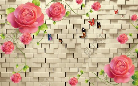 3D立体玫瑰花墙砖背景墙