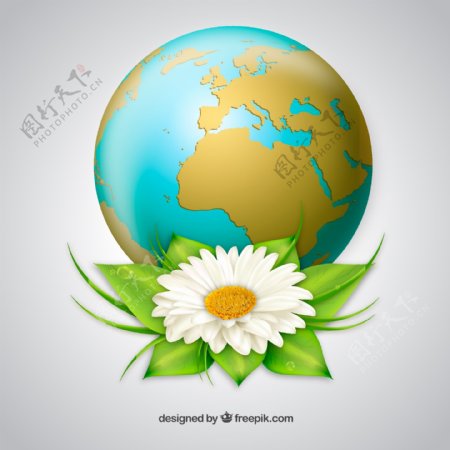 精美地球与雏菊花设计矢量图
