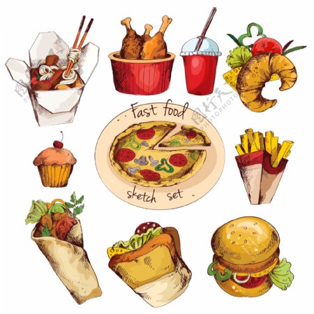 彩绘快餐食品矢量图