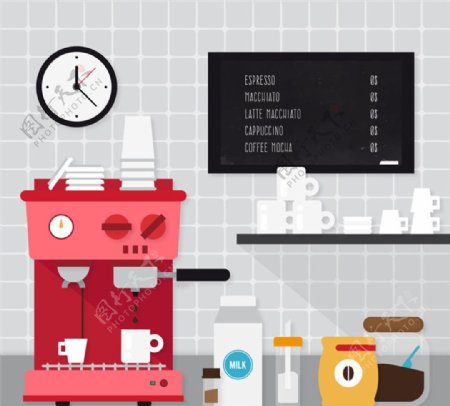 厨房咖啡机和杯具矢量图