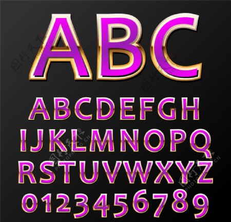 36个金边紫色字母和数字矢量图