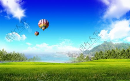 蓝天下的热气球风景图片