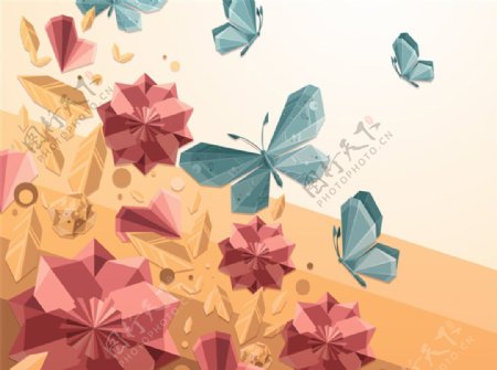 水晶蝴蝶和花丛矢量素材