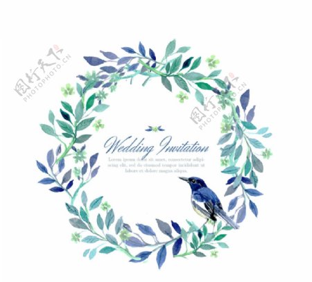 水彩花环和鸟婚礼邀请卡矢量图