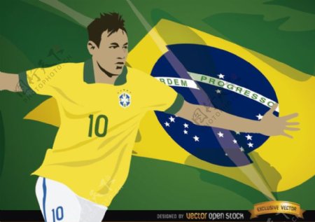 足球运动员内马尔与巴西国旗