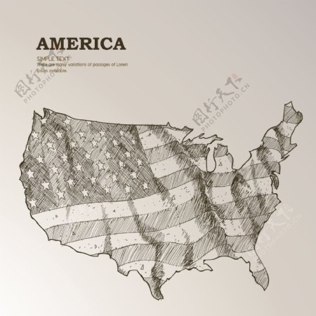 手绘素描风格美国国旗插画