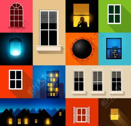 彩色城市建筑物窗户矢量