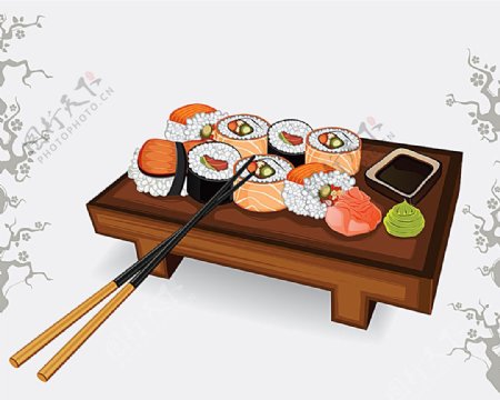 方桌上的寿司和筷子插画