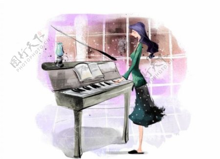 弹钢琴的女孩插画下载