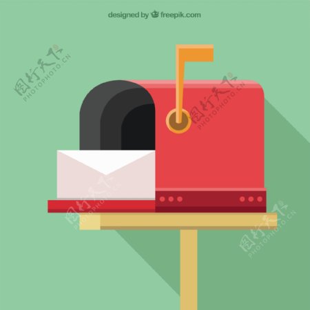 红色邮箱背景与信封在平面设计