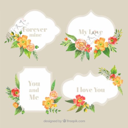 4款彩色花卉装饰爱的标签矢量图