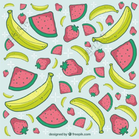 西瓜和草莓手工香蕉的背景