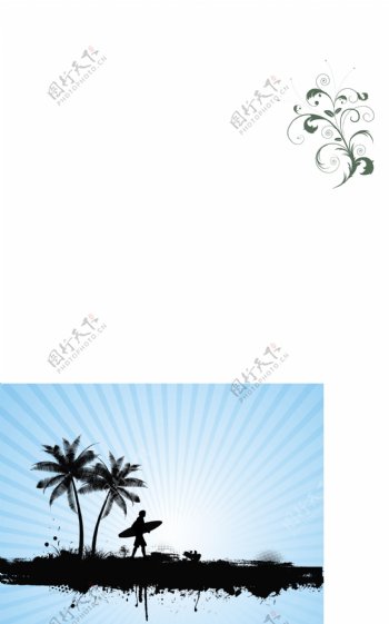 剪影效果冲浪者棕榈树背景