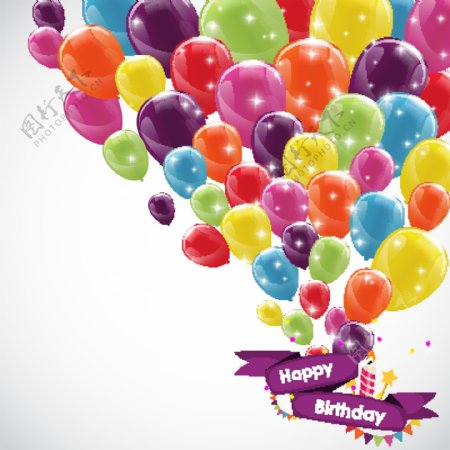 丝带生日横幅和彩色气球矢量图