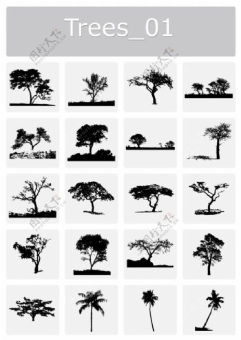 不同树木剪影矢量图素材