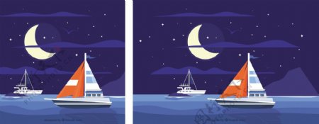 月亮下海上的帆船夜晚背景