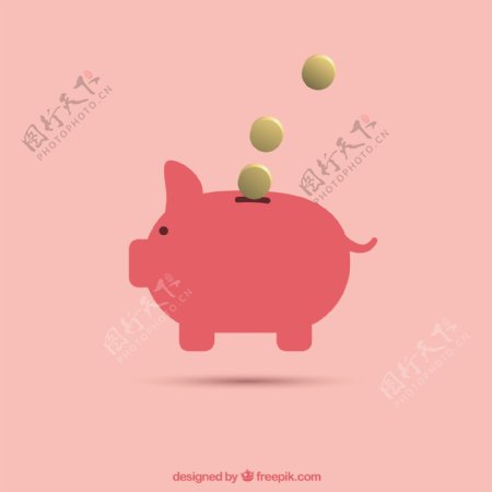 粉红色存钱罐与硬币背景