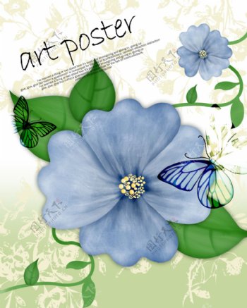 蓝色的花朵与绿叶蝴蝶PSD分层素材