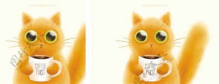可爱的小猫和一杯咖啡