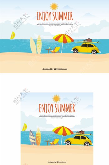 黄色汽车沙滩的夏季背景