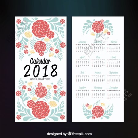 手绘花卉图案背景2018年日历模板