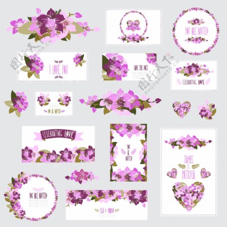 紫色美丽花朵婚礼卡片模板下载