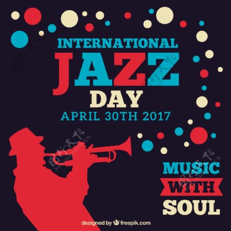 国际爵士乐日背景和小号手和彩色圈