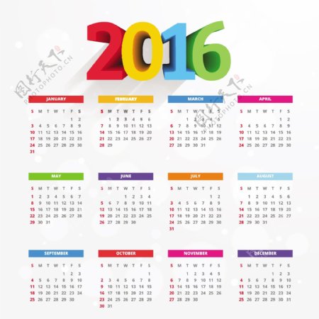2016日历与彩色数字