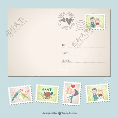 婚礼邀请明信片与邮票图片