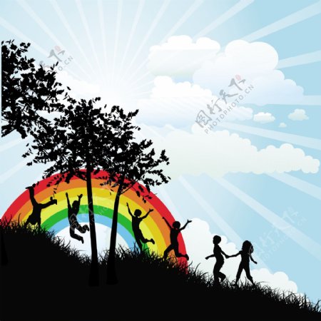 儿童剪影和彩虹背景