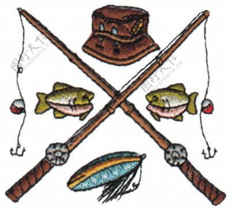 绣花动物鱼帽子钓鱼竿免费素材