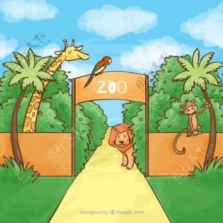 彩绘动物园大门和动物插画矢量素材