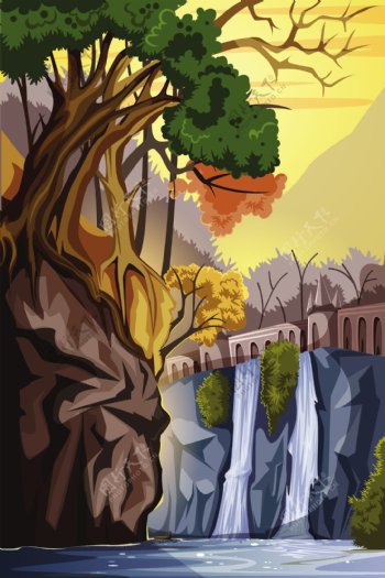 树木边的瀑布插画矢量素材下载