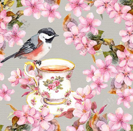 咖啡小鸟与鲜花背景